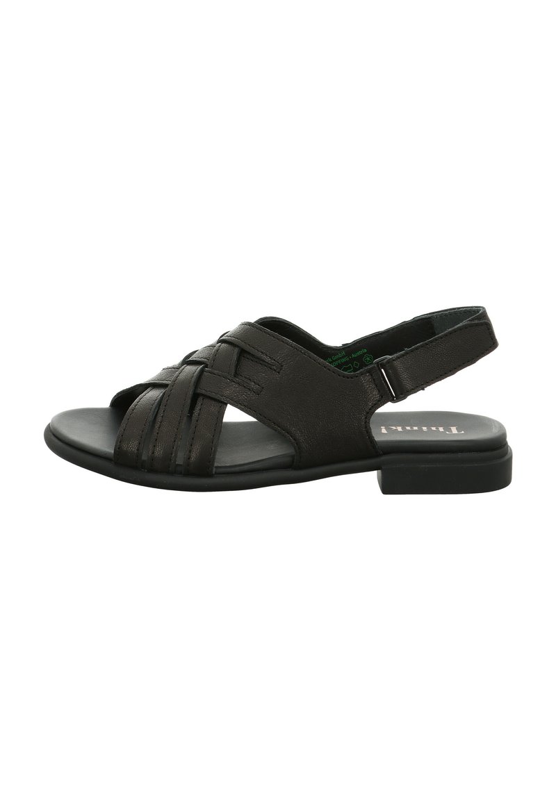 Schwarze Leder-Sandale mit gewebtem Design, offener Zehe und verstellbarem Fersenriemen. Flache Sohle mit einem leichten Blockabsatz.