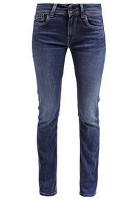 Mörkblå slim-fit jeans gjorda av denim. Har fem fickor, metallknapstängning och subtil blekning på låren.