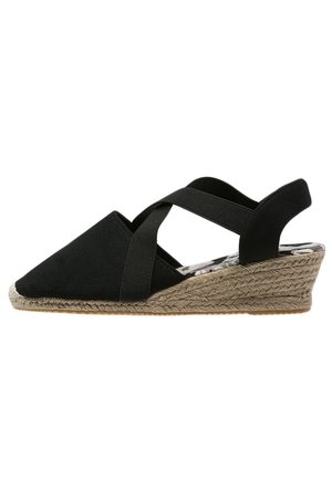 Black canvas wedge sandals with crisscross straps, natural jute sole, pointed toe design, and floral-patterned insole.