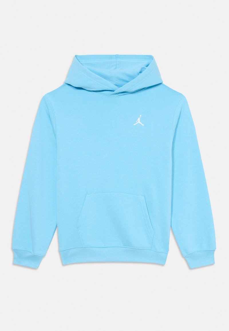 Sweat à capuche bleu clair avec manches longues, poche kangourou à l'avant, et petit logo blanc Jumpman sur la poitrine gauche.
