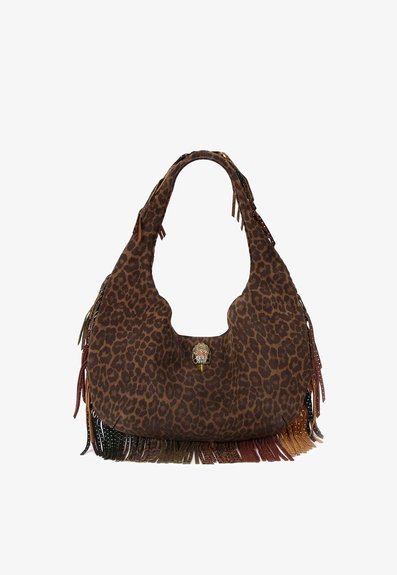 Torba hobo w nadruk z lamparta, wykonana ze brązowego zamszu, z frędzlami w różnych kolorach. Zawiera ozdobne elementy metalowe z przodu.