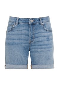 Jasnoniebieskie szorty dżinsowe z podwiniętym dołem. Cechy to pięć kieszeni oraz klasyczne zapięcie na guzik z zamkiem błyskawicznym.