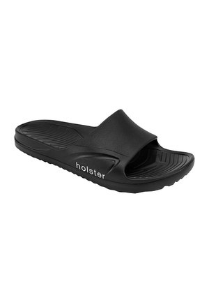 Zwarte open-toe slidesandaal met textuur in het voetbed en 'holster' branding aan de zijkant, ontworpen voor casual gebruik en comfort.