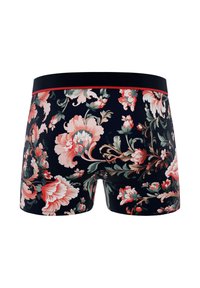 Boxers floraux avec un fond bleu marine ; grand motif floral rose et vert, taille noire avec des accents rouges. Conception douce et ajustée.
