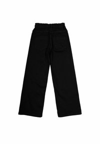Črne široke jeans hlače iz denima z elastičnim pasom, dvema zadnjima žepoma in gladko teksturo. Primerne za vsakodnevno nošenje.
