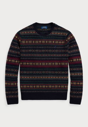 Knit sweater featuring a crew neck, multicolored geometric patterns in dark blue, burgundy, green, and gold. Ribbed cuffs and hem.