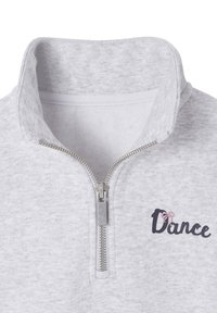 Gray zip-up sweatshirt with a high collar, featuring a metal zipper and embroidered "Dance" in dark blue with a pink bow accent.