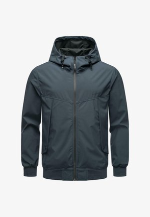 Dark gray hooded jacket with a full zipper, elastic cuffs, and two side pockets. Smooth texture with contrasting interior lining details.