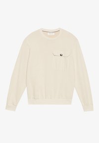 Crème lange mouwen sweatshirt met een ronde hals, ribgebreide manchetten en een borstzak met een drukknoopdetail. Zachte textuur en een relaxte pasvorm.