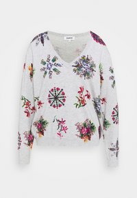 Light gray sweatshirt with a V-neck, featuring textured floral patterns in pink, red, purple, and green across the fabric. Long sleeves.