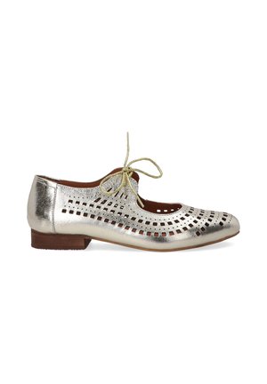 Metallic silver ballet flats featuring cut-out detailing, a rounded toe, and a small brown heel. Gold lace tie accents the design.
