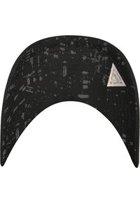 Black cap with a curved bill, featuring a textured surface with grey patterns and a triangular silver hardware accent on the side.