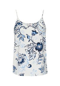 Bílý květinový top na ramínka s modrými a námořnickými květinovými vzory, jemnými tenkými ramínky a volným střihem. Hladká textura látky.
