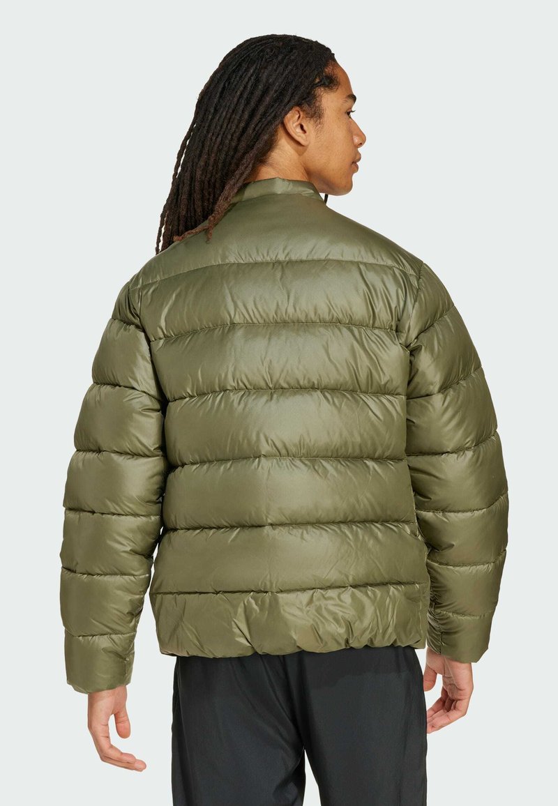 Una persona con largas rastas viste una chaqueta acolchada de color verde olivo, vista desde atrás contra un fondo claro.