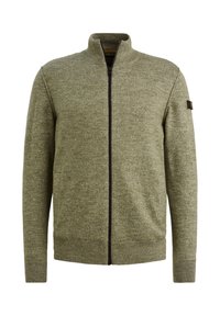 Olivengrønt zip-up sweater lavet af struktureret strikstof, med ståkrave, sidelommer og sort lynlåsdetalje.