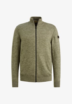 Olivgrüner Reißverschluss-Pullover aus strukturierter Strickware, mit Stehkragen, seitlichen Taschen und schwarzen Reißverschluss-Details.