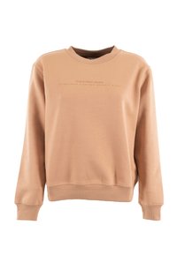 Felpa rosa con collo a giro realizzata in morbido misto cotone. Presenta polsini e orlo a costine con un discreto testo del logo stampato sul petto.