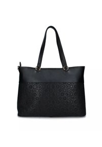 Borsa tote nera in ecopelle con una sezione inferiore testurizzata caratterizzata da un motivo circolare, manici doppi e chiusura con zip.