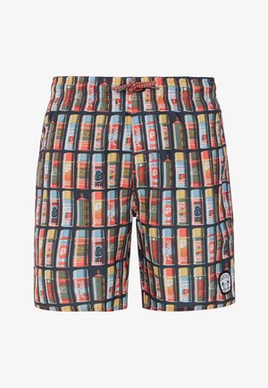 Zwemshorts met een zwarte achtergrond en kleurrijke kanisterafdrukken. Elastische tailleband met trekkoord, zijzakken en logo-detail.