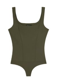 Oliivinvihreä bodysuit, jossa on neliskulmainen kaula-aukko, leveät hihnat ja istuva siluetti. Suora pinta, minimalistinen muotoilu ja ei näkyviä kuvioita.