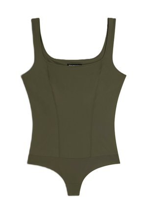 Body verde oliva con scollatura quadrata, spalline larghe e silhouette aderente. Texture liscia, design minimalista e senza motivi visibili.