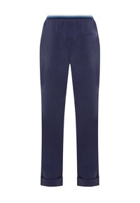 Pantaloni blu navy con una texture liscia, vita elasticizzata con un accento azzurro chiaro e orli arrotolati alle caviglie. Tasca posteriore singola.