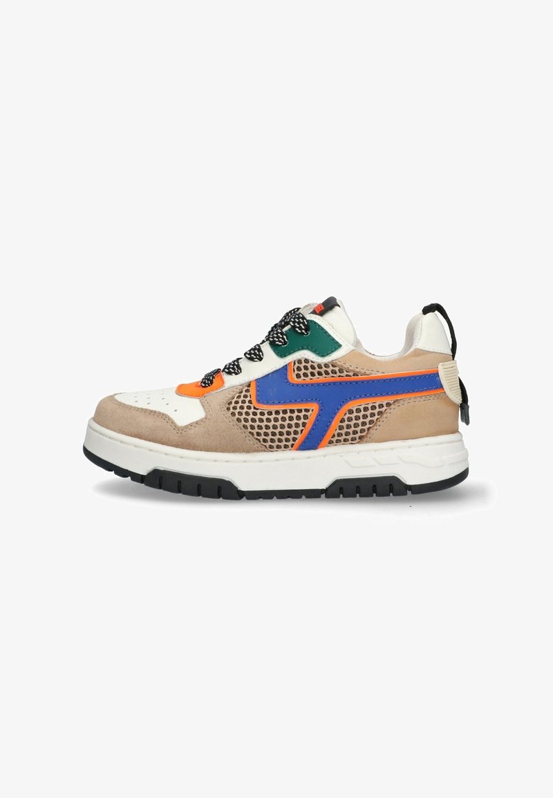 Sneaker with a tan suede upper, white mesh panels, and multicolored accents in blue, green, and orange. Features black laces and a textured sole.