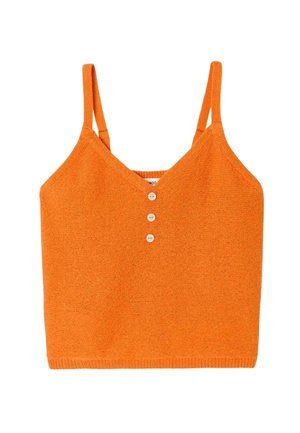 Débardeur orange en maille avec bretelles spaghetti, encolure en V et trois petits boutons blancs au centre devant.
