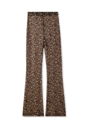 Leggings a vita alta a zampa d'elefante con stampa leopardo, caratterizzati da una combinazione di colori beige e nero, una texture liscia e una cintura aderente nella parte superiore.