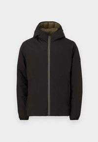 Black puffer jacket with a hood, featuring a contrasting beige zipper, elastic cuffs, and a quilted olive green interior lining.