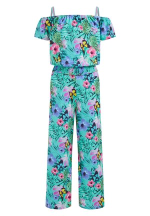 Floral Jumpsuit mit schulterfreiem Design, gefertigt aus weichem, leichtem Stoff. Der Print zeigt grüne Blätter und bunte Blumen.