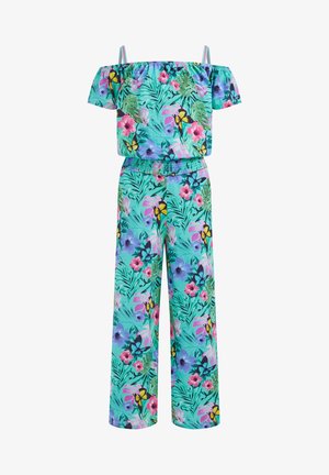 Combinaison fleurie avec un design épaules dénudées, confectionnée en tissu doux et léger. Le motif comprend des feuilles vertes et des fleurs colorées.