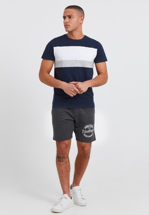 Navy short-sleeve t-shirt with horizontal white and grey stripes; paired with dark grey shorts featuring a vintage logo print. White sneakers.
