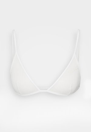 White ribbed fabric bralette with triangular cups, thin adjustable shoulder straps, and a minimalist design.