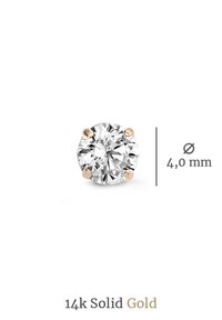 14k massief gouden stud oorbel met een 4,0 mm ronde diamant met vier gouden klauwen; de diamant is helder met een facetteer oppervlak.