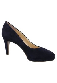 Escarpin en daim bleu marine pour femme, talon moyen, bout arrondi et doublure intérieure beige sur fond blanc.