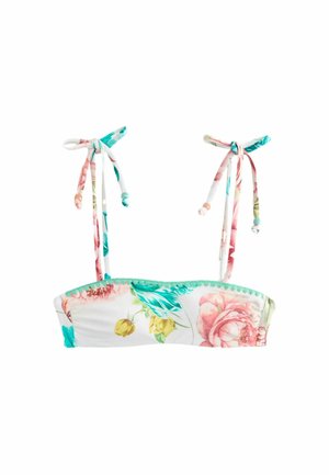 Top bikini bandeau floreale con spalline regolabili a cravatta, caratterizzato da un mix di fiori rosa, turchesi e gialli su sfondo bianco.