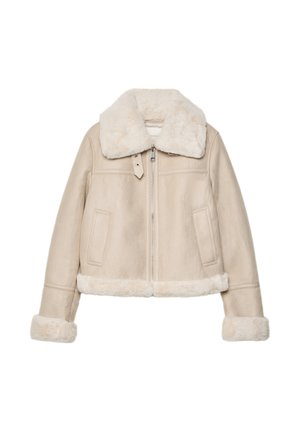 Beige Kunstlederjacke mit einem cremefarbenen Kunstfellkragen und -manschetten, versehen mit einem Reißverschluss vorne und zwei seitlichen Taschen. Kurz geschnittenes Design.