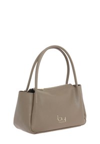 Borsa a tracolla color tan con design strutturato, materiale texturizzato, zip dorata e due manici; presenta un'emblema del logo sulla parte anteriore.
