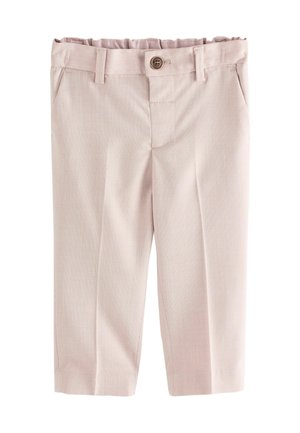 Hose aus hellrosa Stoff mit subtiler Textur, ausgestattet mit flacher Vorderseite, Gürtelschlaufen, einem einzelnen Knopf und Seitentaschen.