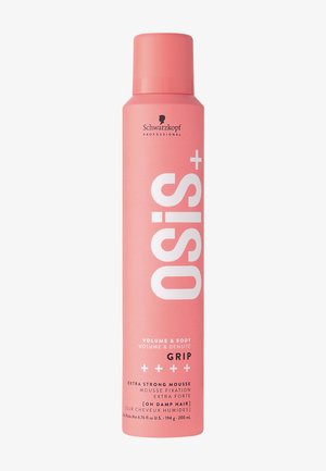 Bouteille rose en forme de canette de mousse extra forte Schwarzkopf Professional Osis+ Grip pour volume et tenue sur cheveux humides, 200 ml.