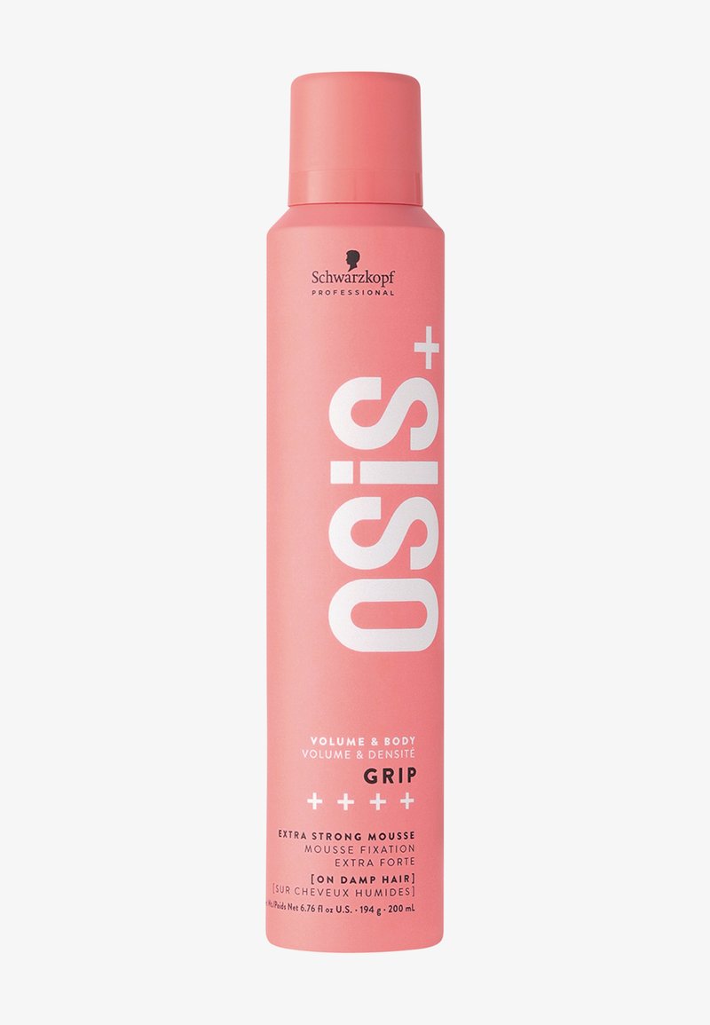 Pink can-shaped bottle of Schwarzkopf Professional Osis+ Grip extra strong mousse for volume and body on damp hair, 200 ml.