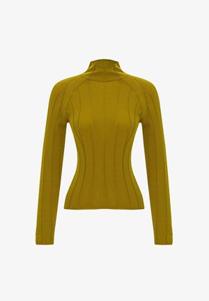 Langärmliges, Rollkragenoberteil in senfgelb. Gerippte Textur mit vertikalen Linien, figurbetonendes Design und schmale Bündchen.
