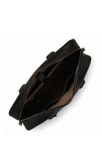 Borsa in pelle nera con chiusura a zip, superficie strutturata, due manici corti e un ampio interno con fodera di colore chiaro.