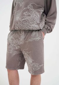 Graue Shorts mit detaillierter weißer Drachen- und Wolkenstickerei. Weiches Material, elastischer Bund und Seitentaschen. Ed Hardy-Logo sichtbar.