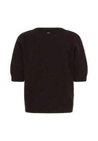 Pull en maille noire à manches courtes avec un subtil motif en relief de petits points et des poignets et un ourlet côtelés, vu de dos.