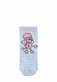 Ljusblå strumpor med rosa horisontella ränder och en illustration av en rosa pudelkaraktär. Ordet "COCO" är tryckt i rosa högst upp.