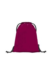 Sacco con coulisse in magenta profondo con un logo testurizzato. Realizzato in tessuto resistente, presenta coulisse nere e una parte superiore cinchata per una chiusura sicura.