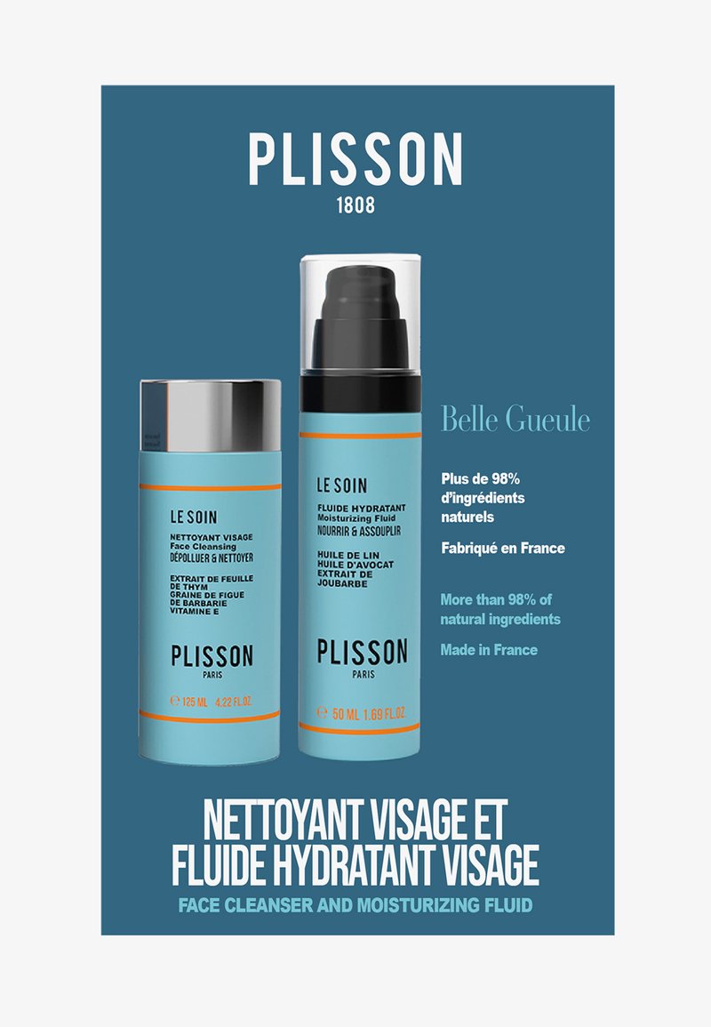 Zwei Hautpflegeprodukte von Plisson: ein türkisfarbener Zylinder-Gesichtsreiniger mit silberner Kappe und ein türkisfarbener Pumpflaschen-Feuchtigkeitsspender.