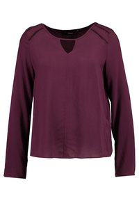 Blusa a maniche lunghe di colore prugna con scollatura rotonda e dettaglio a forma di chiave. Presenta accenti strutturati sulle spalle e un tessuto liscio e leggero.